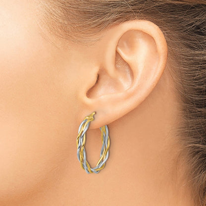 14K Two Tone With Rhodium Polished Twisted Round Hoop Earrings
