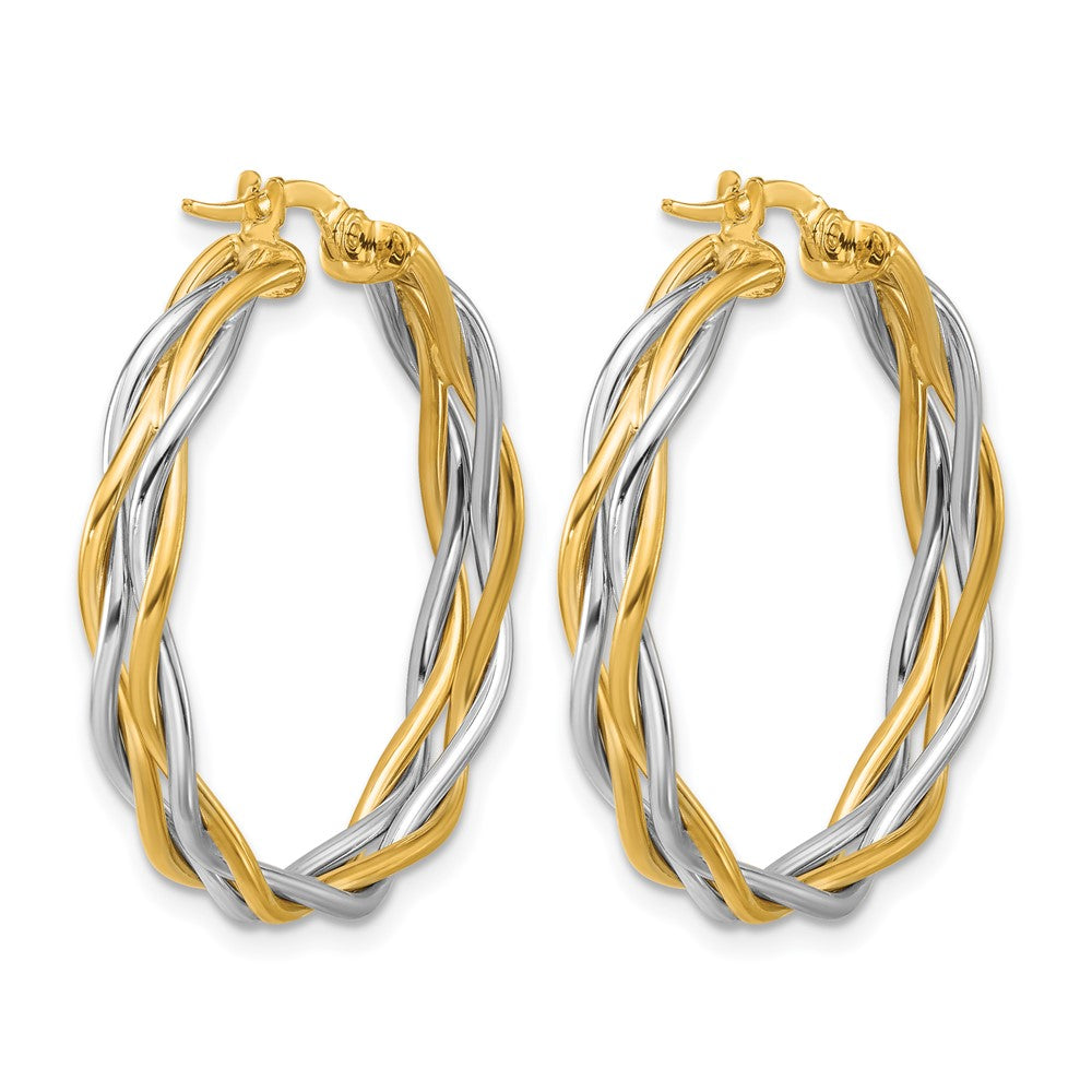 14K Two Tone With Rhodium Polished Twisted Round Hoop Earrings