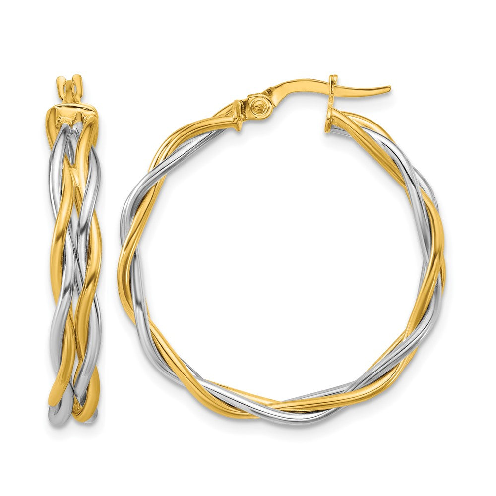 14K Two Tone With Rhodium Polished Twisted Round Hoop Earrings