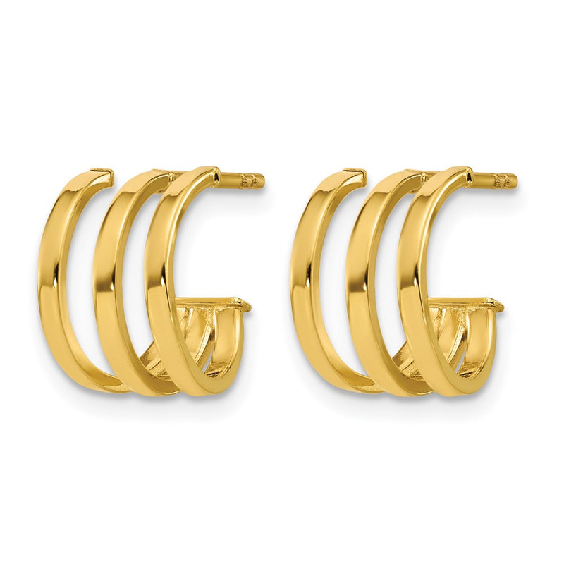 14K Yellow Gold Polished 3 Row Post J Hoop Earrings