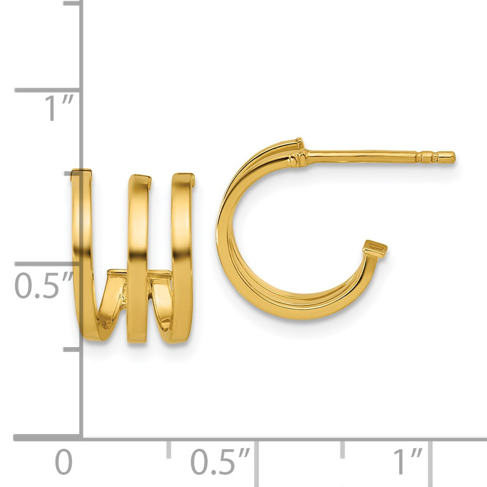 14K Yellow Gold Polished 3 Row Post J Hoop Earrings