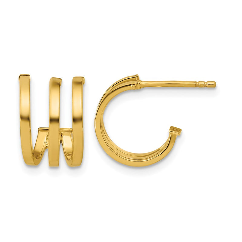 14K Yellow Gold Polished 3 Row Post J Hoop Earrings