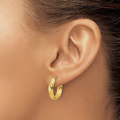 14K Yellow Gold Leslie'S' Polished And Dia Cut Hinged Hoop Earrings