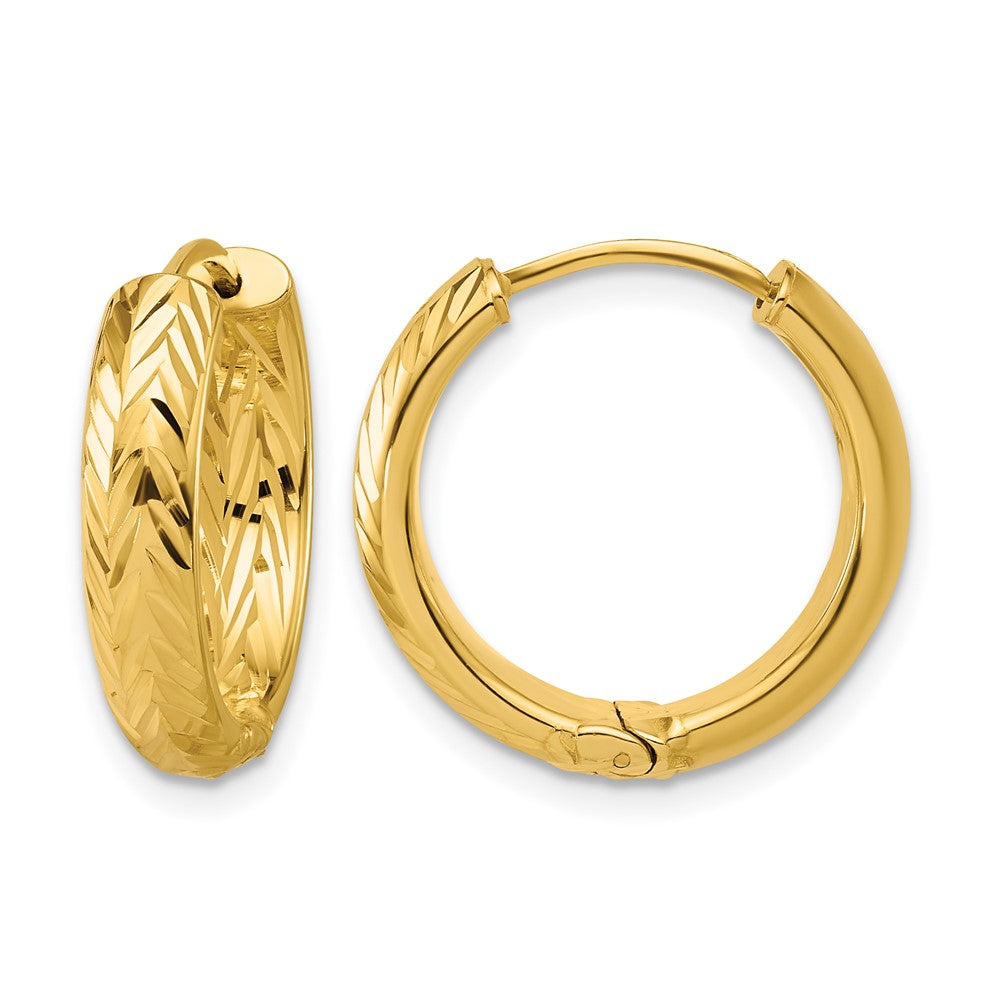 14K Yellow Gold Leslie'S' Polished And Dia Cut Hinged Hoop Earrings