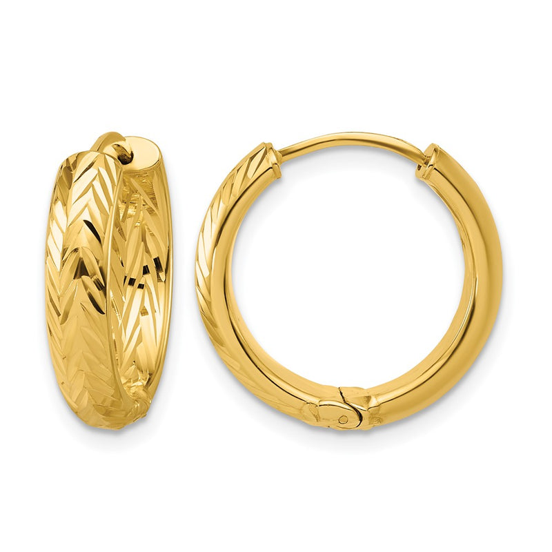 14K Yellow Gold Leslie'S' Polished And Dia Cut Hinged Hoop Earrings
