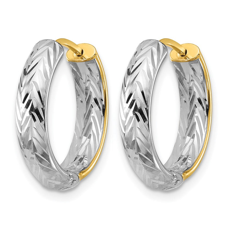 14K Yellow & Rhodium Polished/Dia Cut Hinged Hoop Earrings