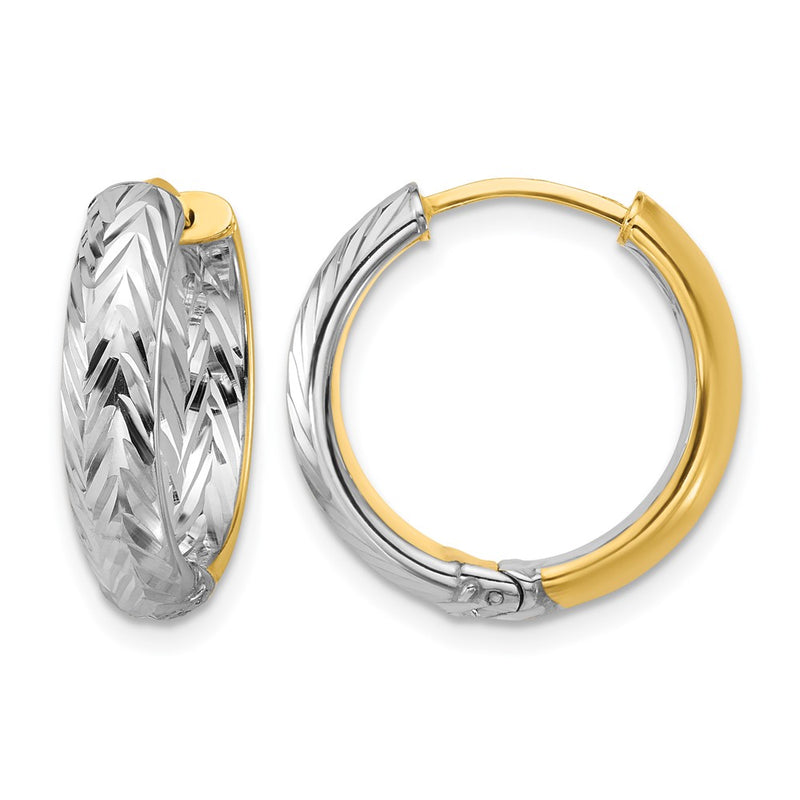 14K Yellow & Rhodium Polished/Dia Cut Hinged Hoop Earrings