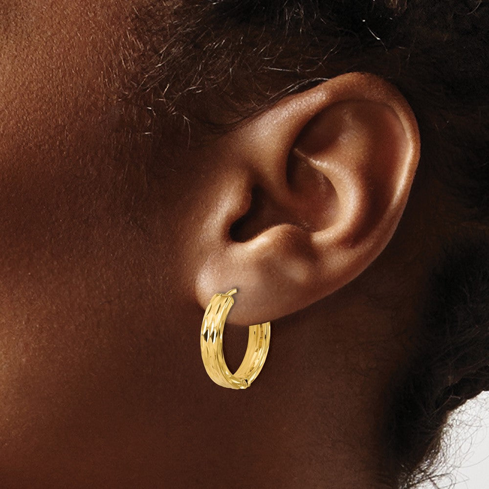 14K Yellow Gold Leslie'S' Polished And Dia Cut Square Tube Hinged Hoop Earrings