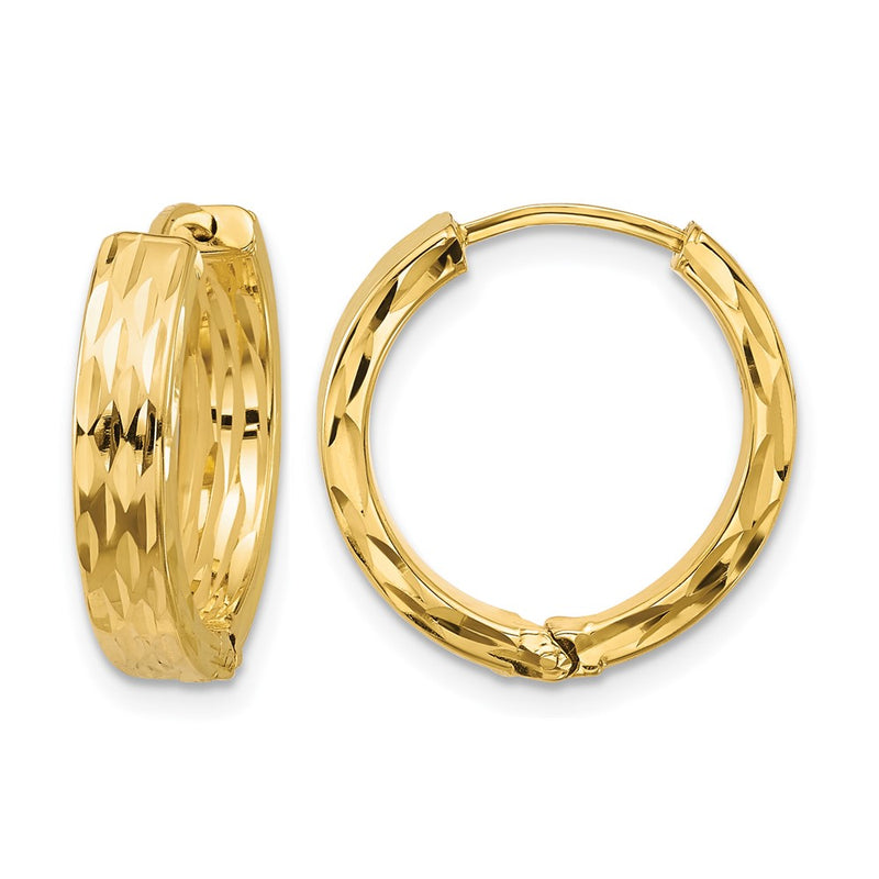 14K Yellow Gold Leslie'S' Polished And Dia Cut Square Tube Hinged Hoop Earrings