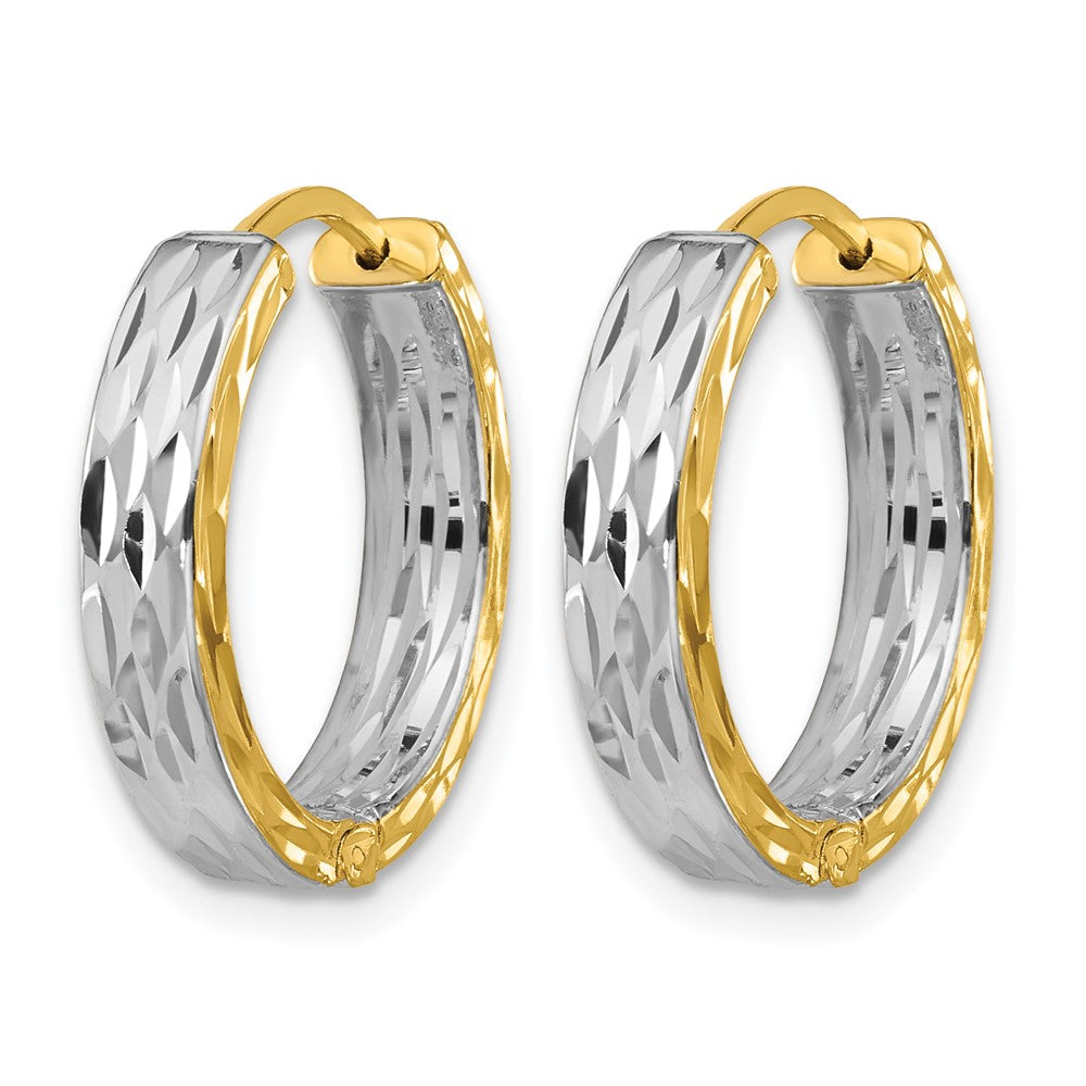 14K Yellow & Rhodium Rh Polish/Dia Cut Square Tube Hinged Hoop Earrings