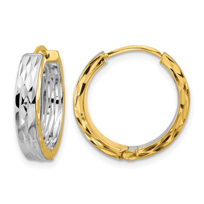 14K Yellow & Rhodium Rh Polish/Dia Cut Square Tube Hinged Hoop Earrings