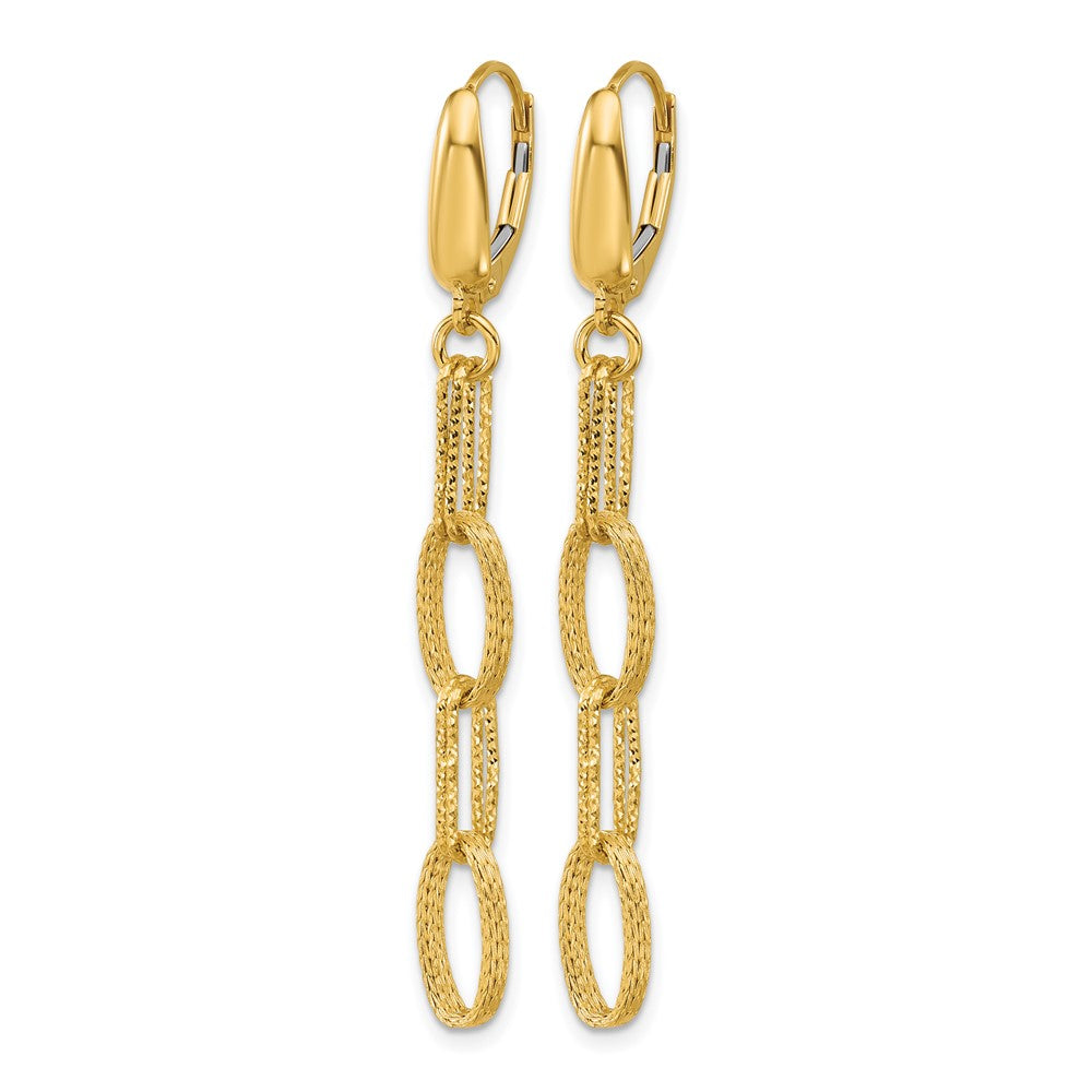 14K Yellow Gold Polish/Texture/Dia Cut Fancy Oval Link Dangle Earrings