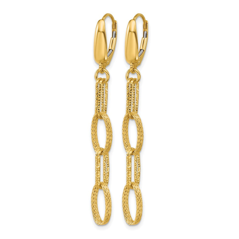 14K Yellow Gold Polish/Texture/Dia Cut Fancy Oval Link Dangle Earrings