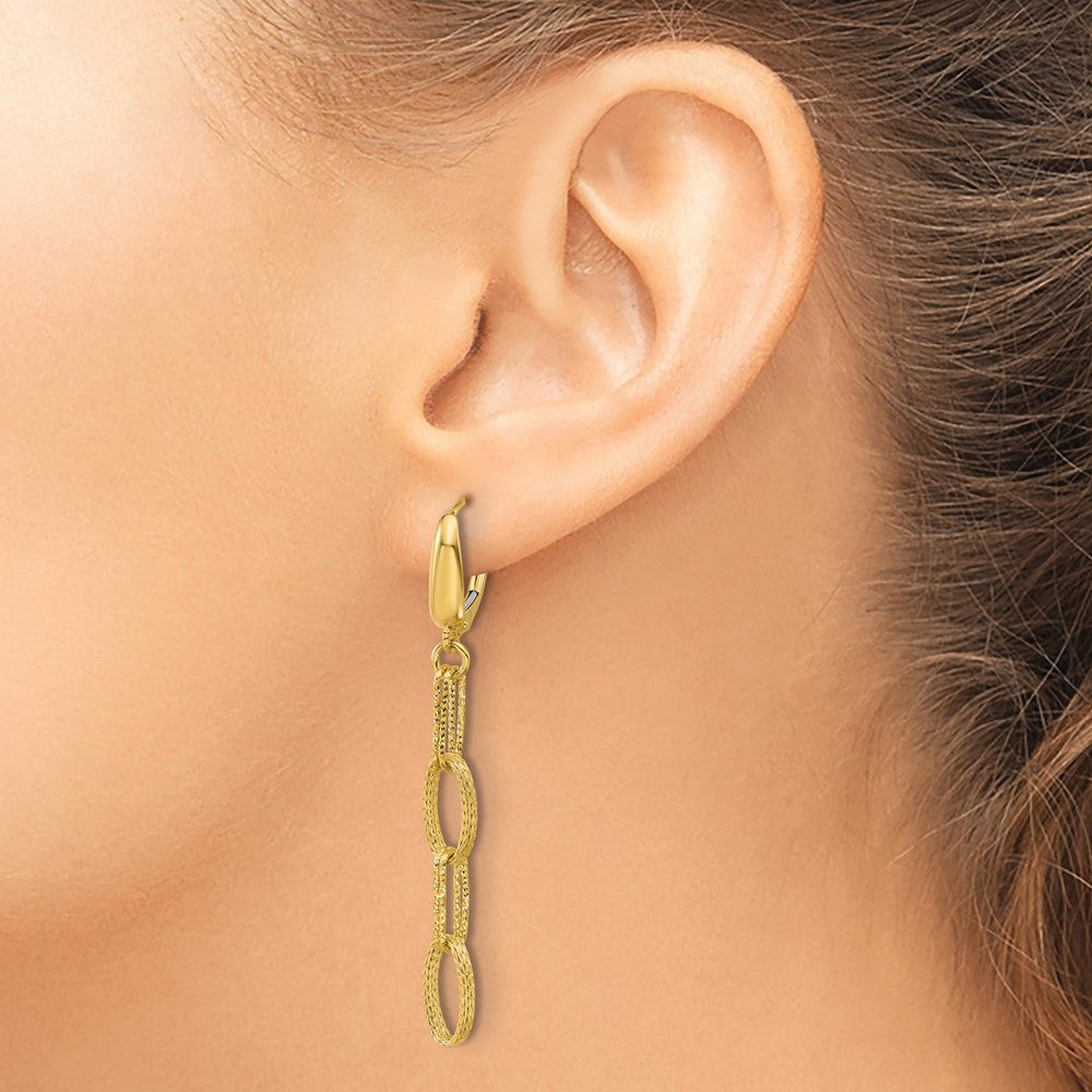 14K Yellow Gold Polish/Texture/Dia Cut Fancy Oval Link Dangle Earrings