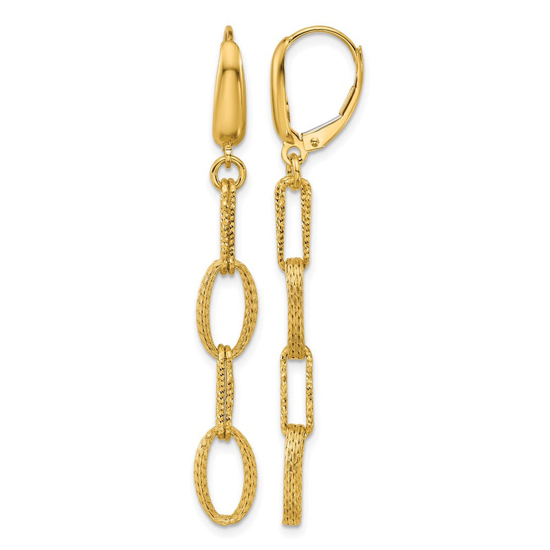 14K Yellow Gold Polish/Texture/Dia Cut Fancy Oval Link Dangle Earrings