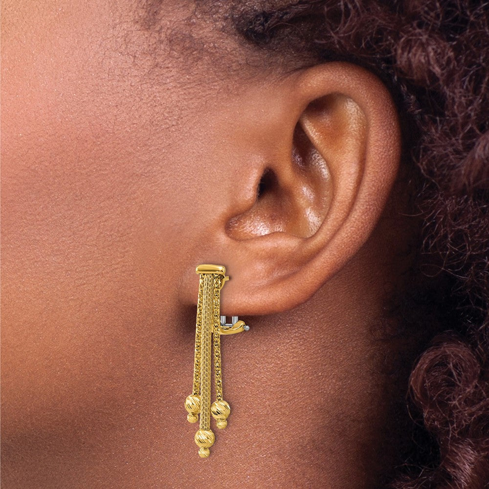 14K Yellow Gold Polish/Texture/Dia Cut Fancy Dangle Omega Earrings