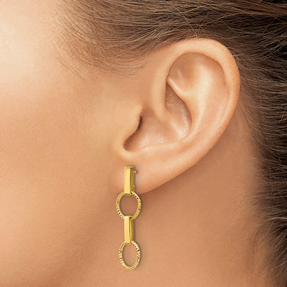 14K Yellow Gold Polished And Diamond Cut Circle Dangle Post Earrings