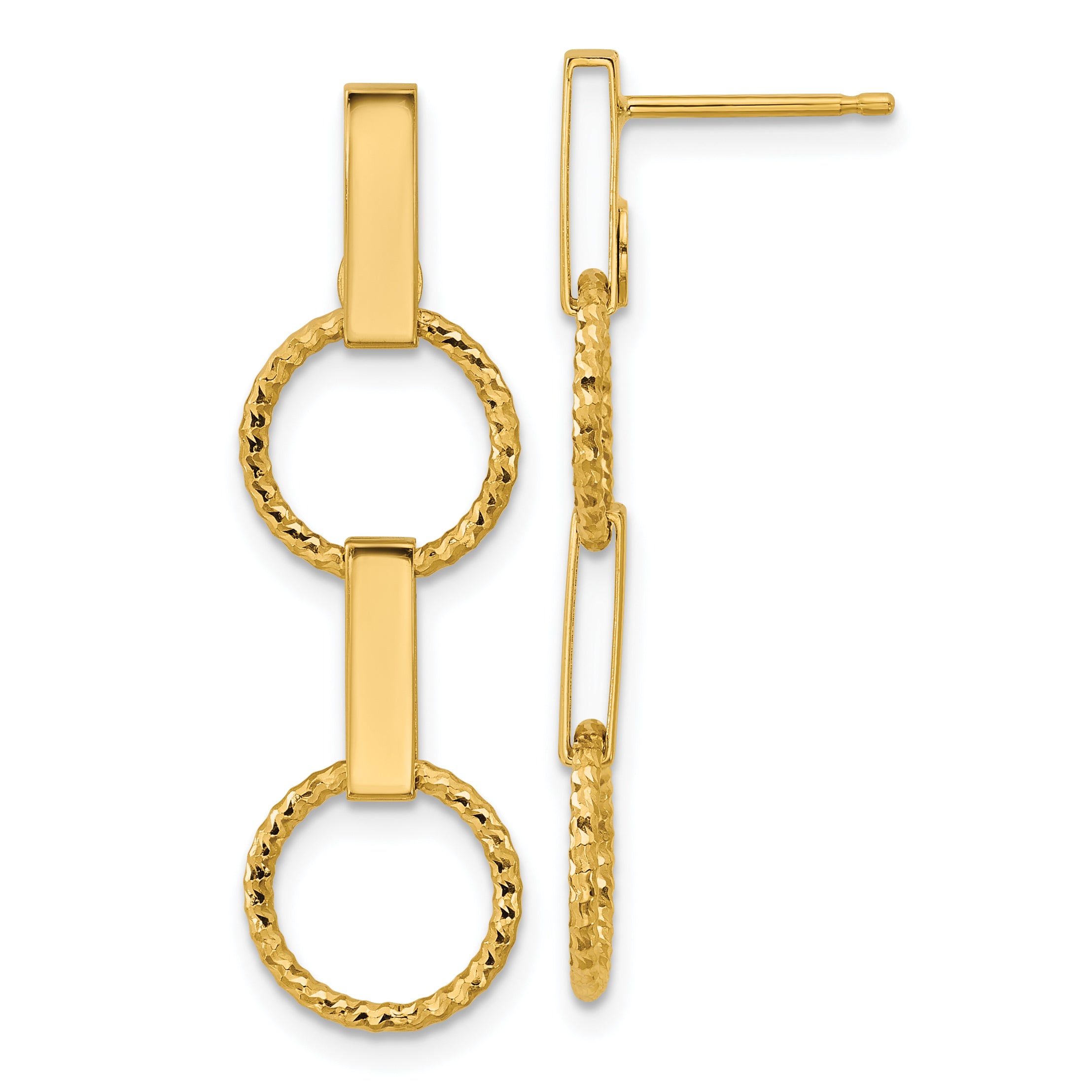 14K Yellow Gold Polished And Diamond Cut Circle Dangle Post Earrings