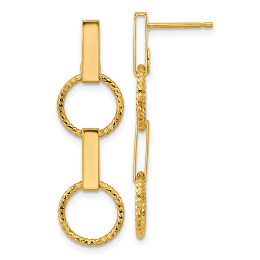 14K Yellow Gold Polished And Diamond Cut Circle Dangle Post Earrings