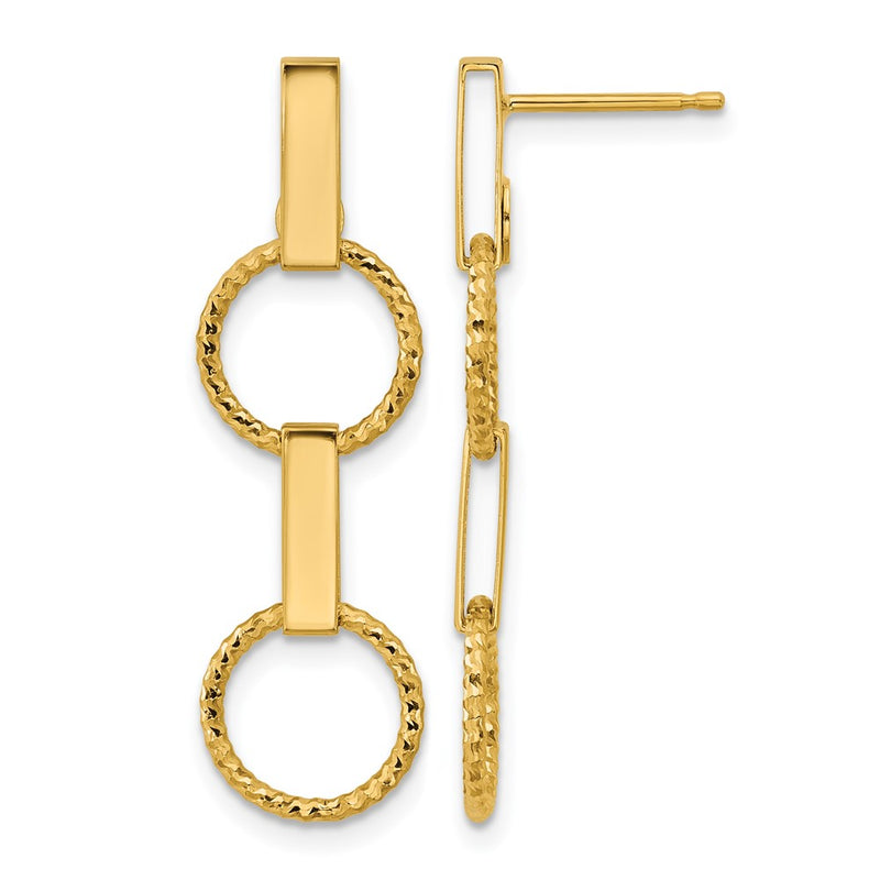 14K Yellow Gold Polished And Diamond Cut Circle Dangle Post Earrings