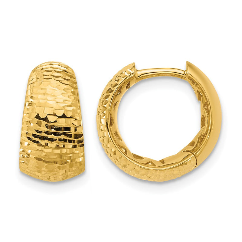 14K Yellow Gold Polished And Diamond Cut Huggie Hoop Earrings