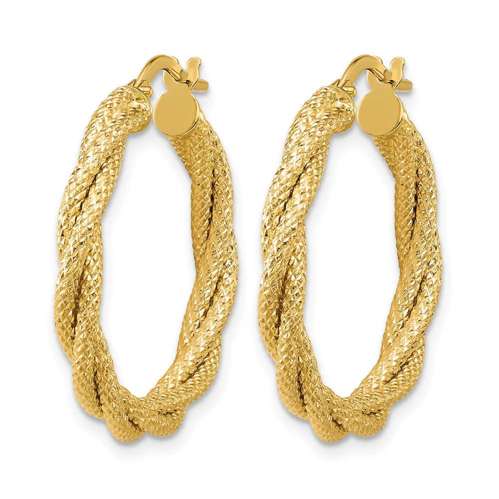 14K Yellow Gold Polished And Textured Twisted Round Hoop Earrings