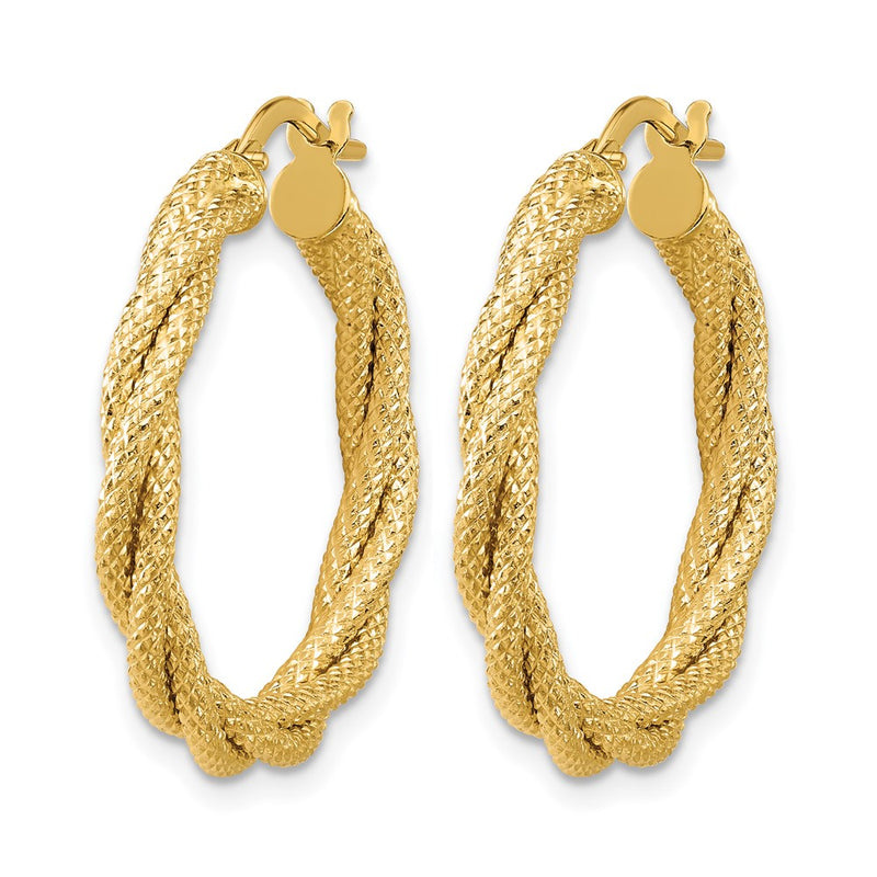 14K Yellow Gold Polished And Textured Twisted Round Hoop Earrings