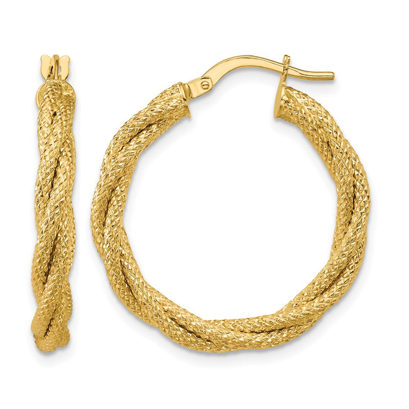 14K Yellow Gold Polished And Textured Twisted Round Hoop Earrings