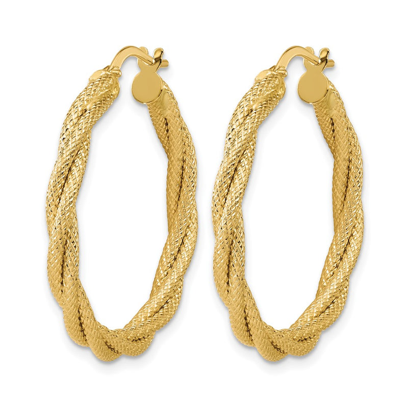 14K Yellow Gold Polished And Textured Twisted Round Hoop Earrings