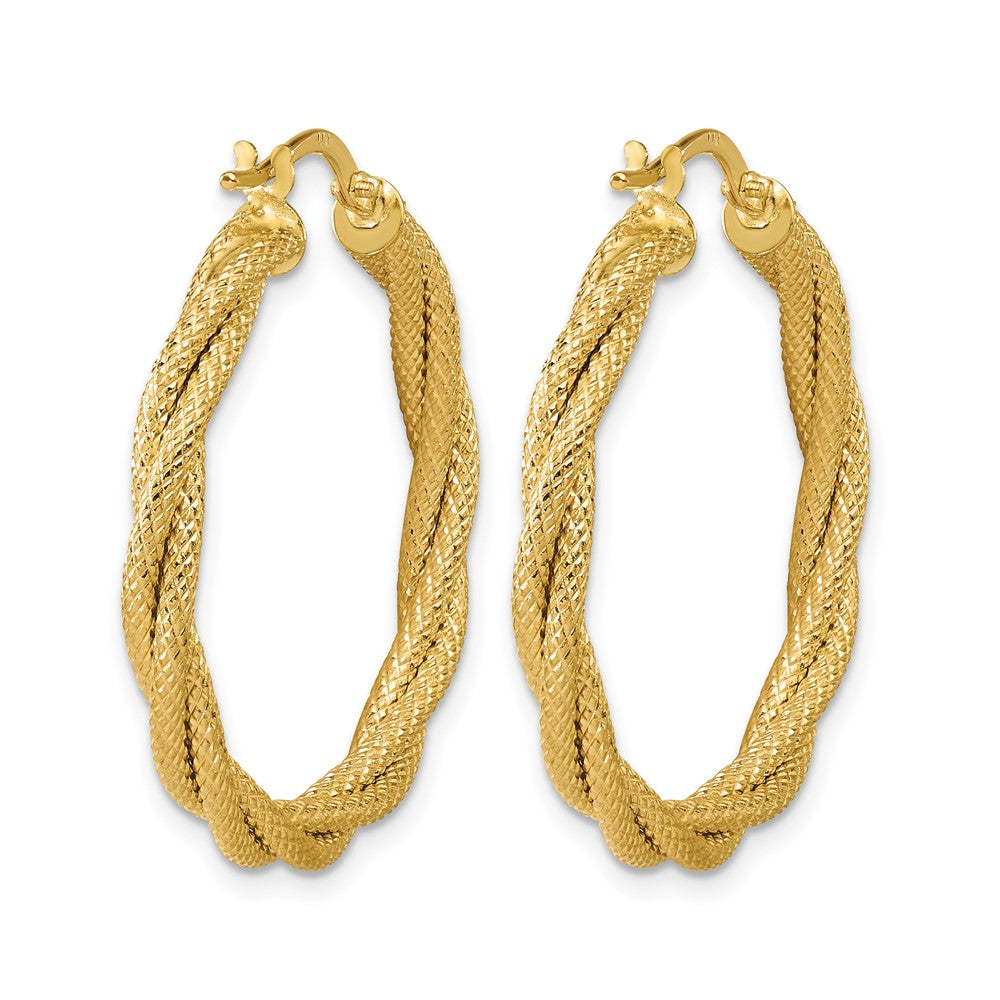 14K Yellow Gold Polished And Textured Twisted Round Hoop Earrings