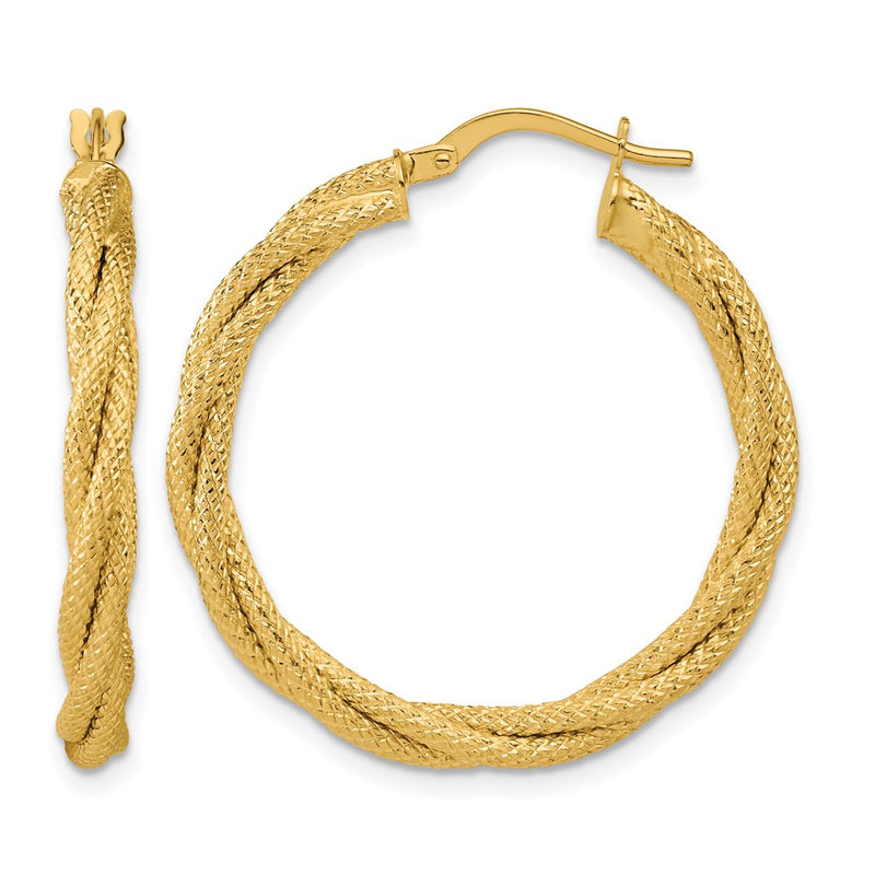 14K Yellow Gold Polished And Textured Twisted Round Hoop Earrings