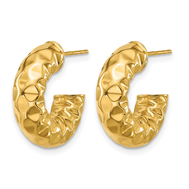 14K Yellow Gold Polished And Hammered J Hoop Post Earrings