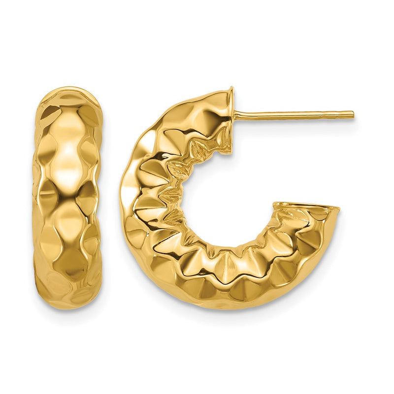 14K Yellow Gold Polished And Hammered J Hoop Post Earrings