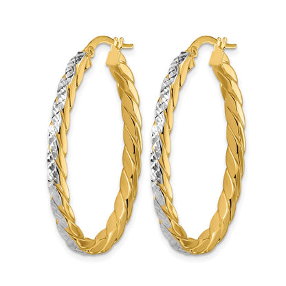 14K Yellow & Rhodium Polished And Dia Cut Oval Hoop Earrings