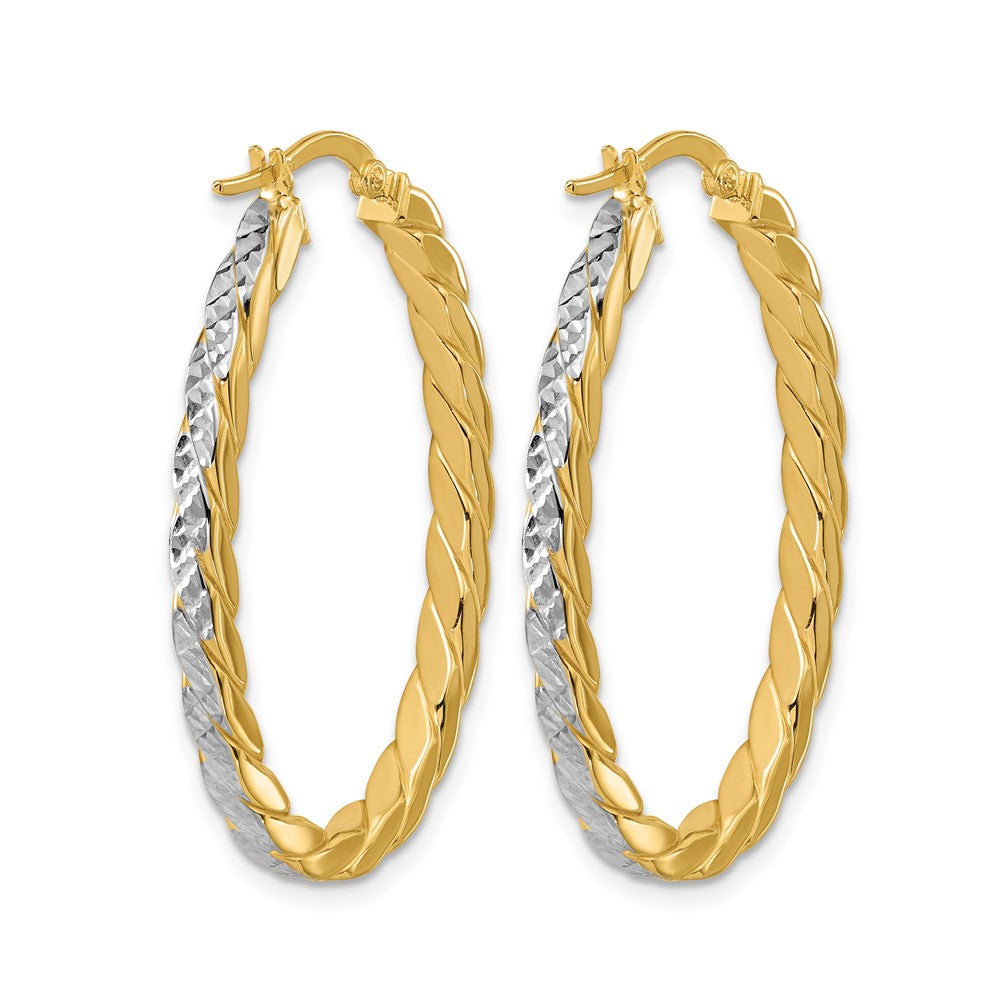 14K Yellow & Rhodium Polished And Dia Cut Oval Hoop Earrings
