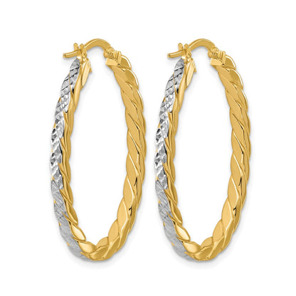 14K Yellow & Rhodium Polished And Dia Cut Oval Hoop Earrings