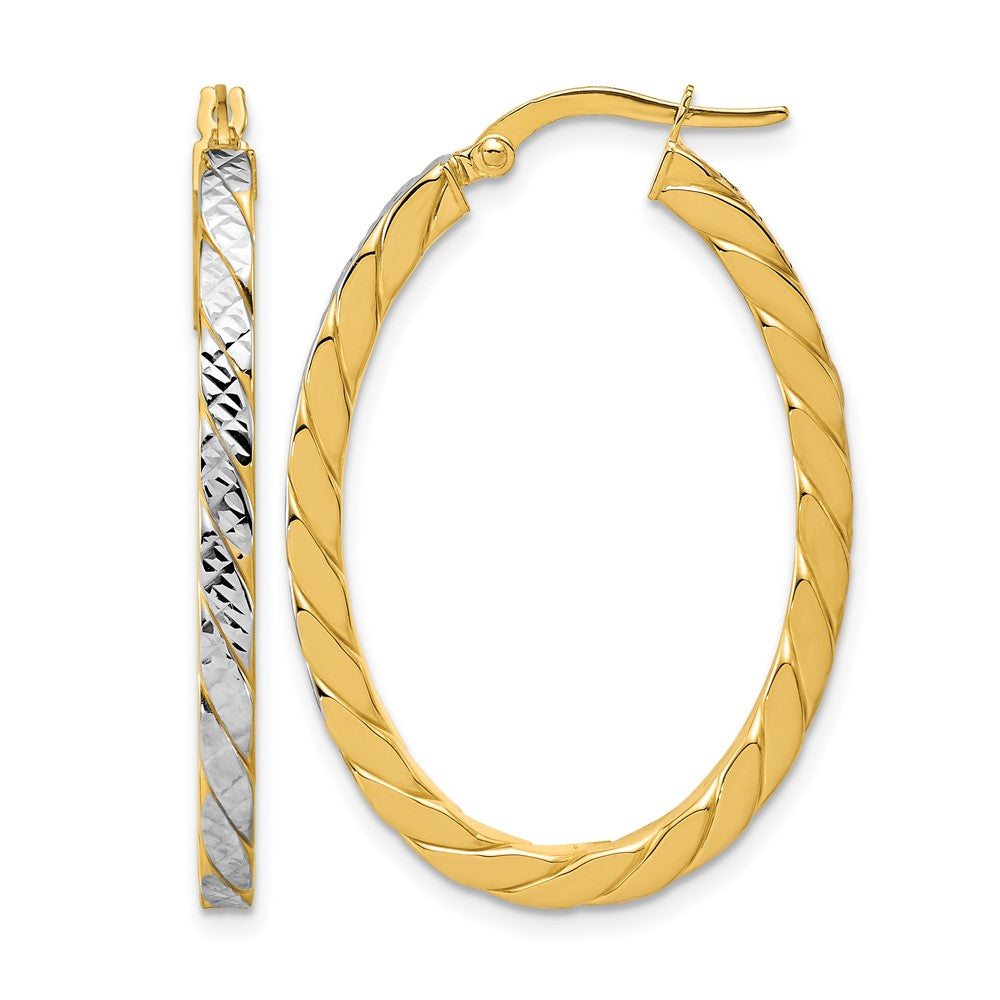 14K Yellow & Rhodium Polished And Dia Cut Oval Hoop Earrings