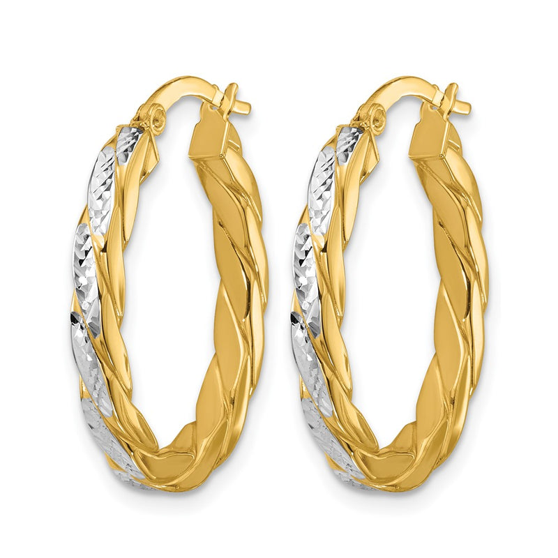 14K Yellow & Rhodium Polished And Dia Cut Oval Hoop Earrings