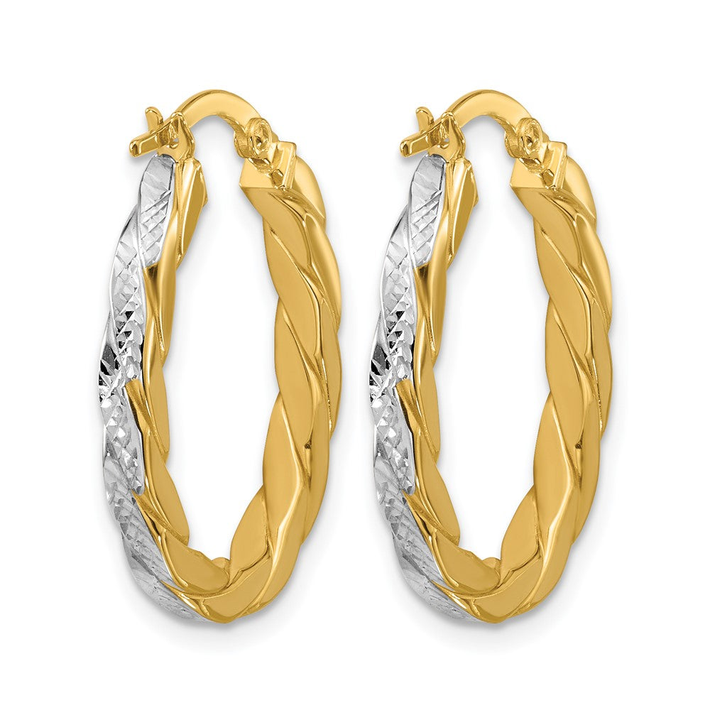14K Yellow & Rhodium Polished And Dia Cut Oval Hoop Earrings