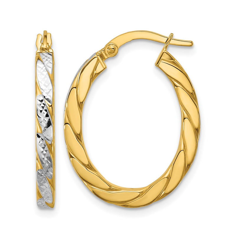 14K Yellow & Rhodium Polished And Dia Cut Oval Hoop Earrings