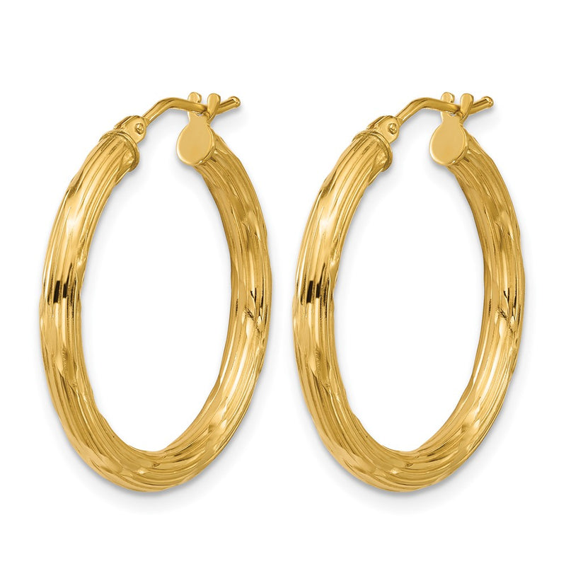 14K Yellow Gold Polished And Grooved Round Hoop Earrings
