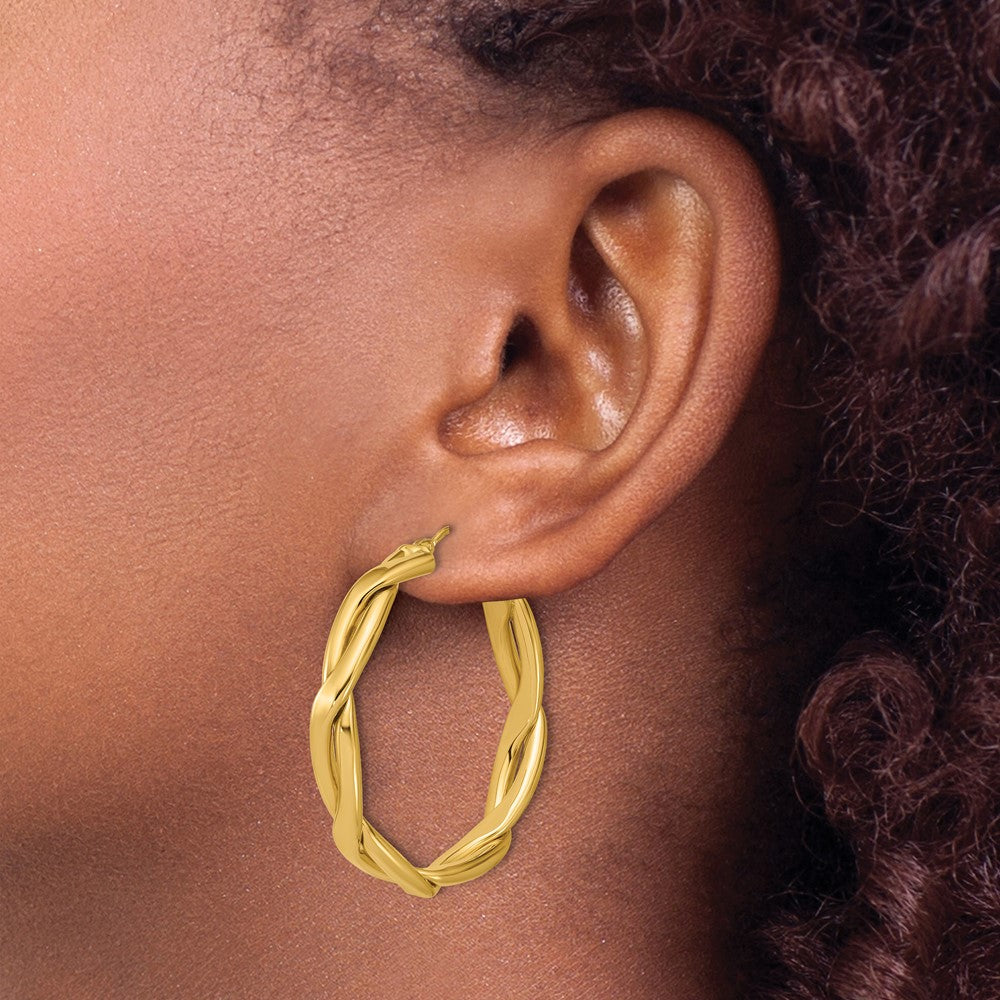 14K Yellow Gold Polished And Grooved Round Hoop Earrings
