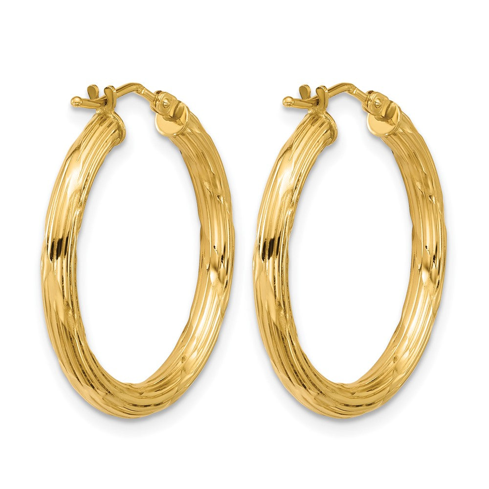 14K Yellow Gold Polished And Grooved Round Hoop Earrings