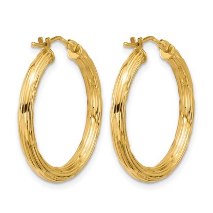 14K Yellow Gold Polished And Grooved Round Hoop Earrings