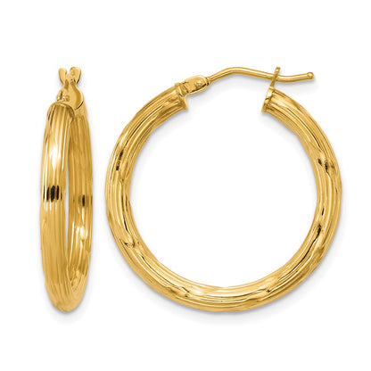 14K Yellow Gold Polished And Grooved Round Hoop Earrings