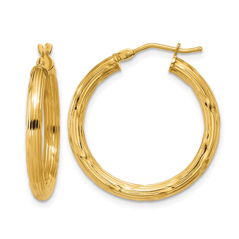 14K Yellow Gold Polished And Grooved Round Hoop Earrings