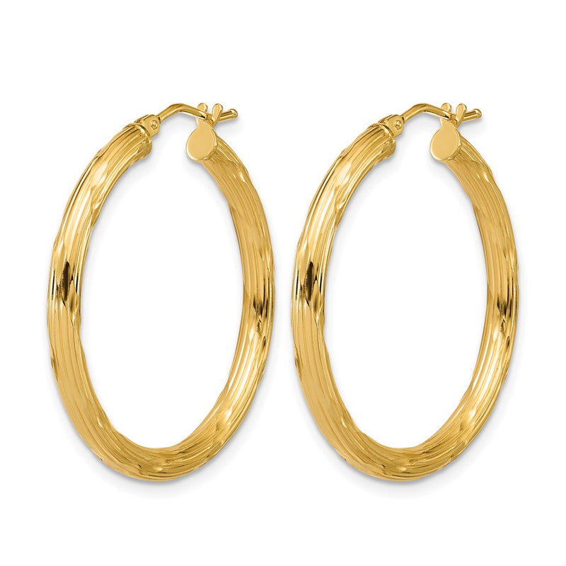 14K Yellow Gold Polished And Grooved Round Hoop Earrings