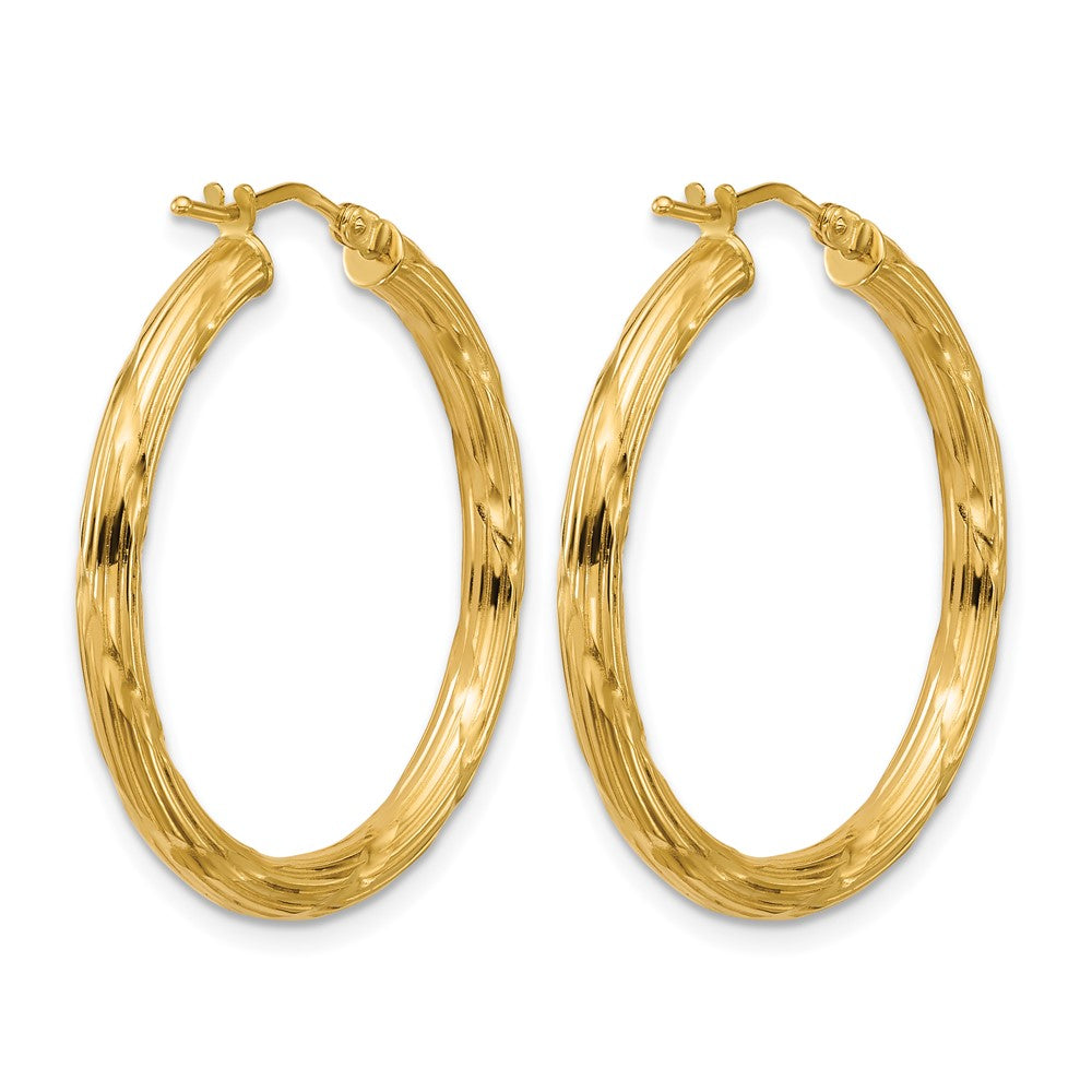 14K Yellow Gold Polished And Grooved Round Hoop Earrings
