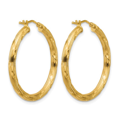 14K Yellow Gold Polished And Grooved Round Hoop Earrings