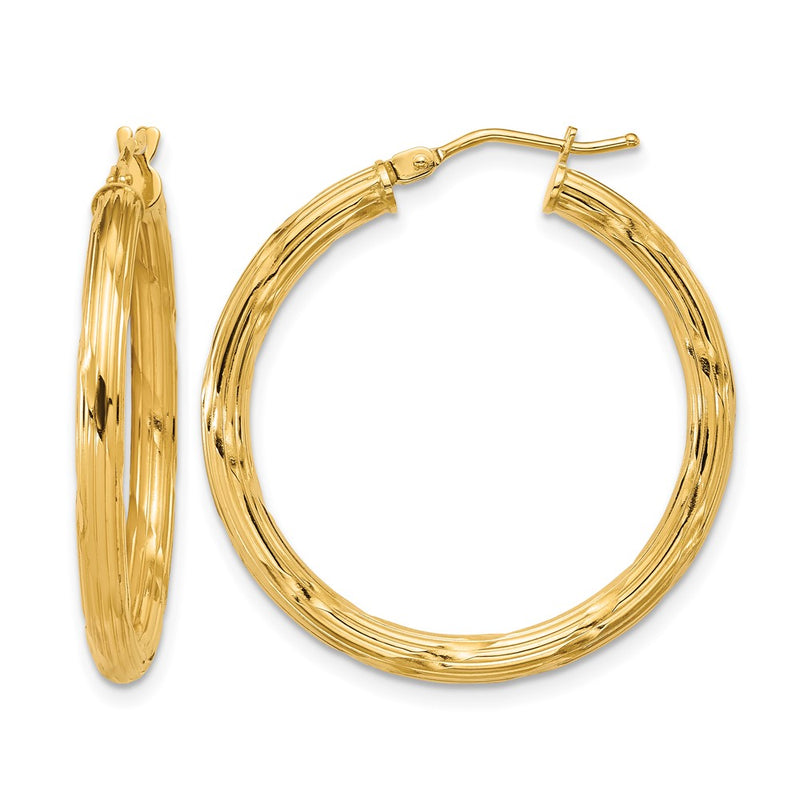 14K Yellow Gold Polished And Grooved Round Hoop Earrings